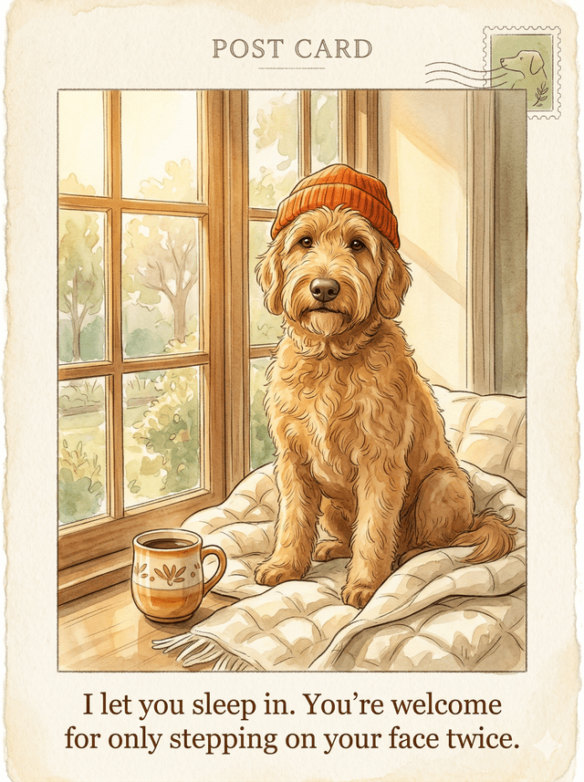 Pawletter illustrated daily letter from a Goldendoodle, watercolor style