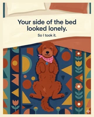 Pablo's letter in mid-century style: Your side of the bed looked lonely So I took it